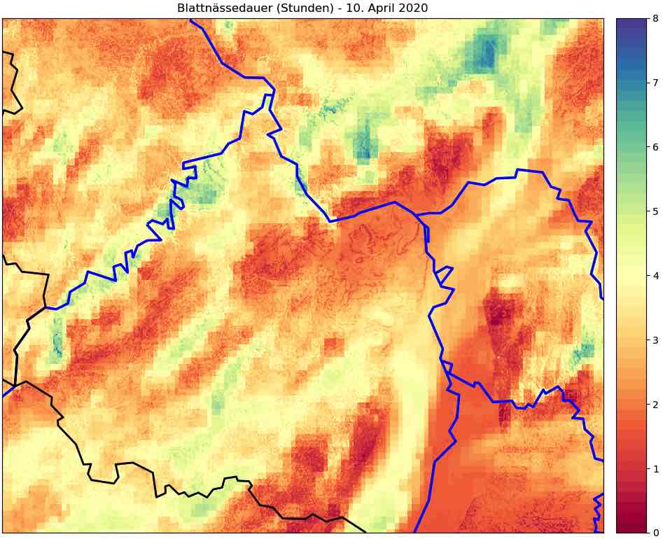 VineForecasts Kartenmodell zur Blattnässe in Weinbergen